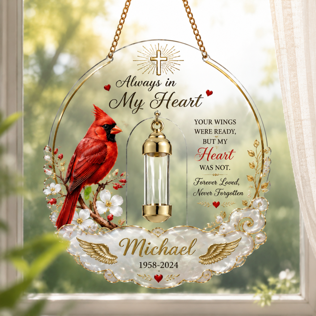 Personalized Cardinal Memorial Ornament with Mini Keepsake Urn | "Always in My Heart" Suncatcher 🕊️❤️