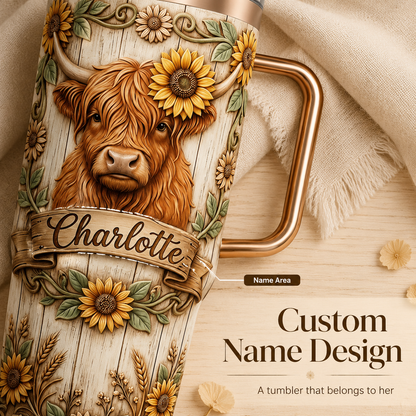 Personalized 30oz/40oz Highland Cow & Sunflower Tumbler | Custom Name Rustic Faux-Wood Engraved Look  🌻🤎