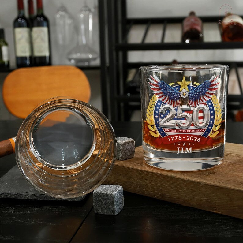 Personalized Whiskey Glass – USA 250 Years Anniversary "American Eagle 1776-2026"