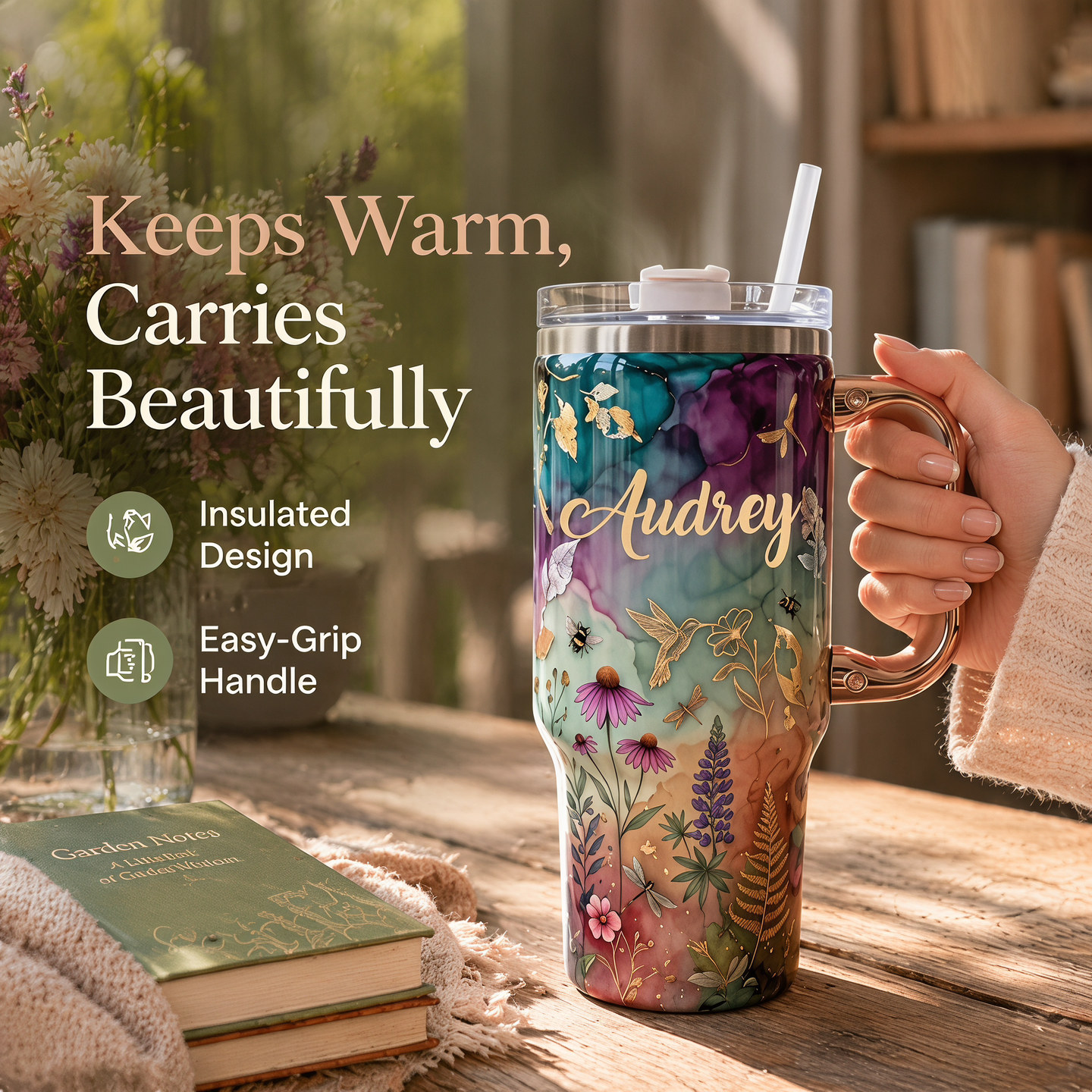 🌸✨Personalized Enchanted Garden Tumbler | Custom Name Gold Botanical & Hummingbird Design with Rose Gold Handle (30 oz/40 oz)