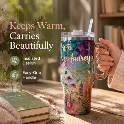 🌸✨Personalized Enchanted Garden Tumbler | Custom Name Gold Botanical & Hummingbird Design with Rose Gold Handle (30 oz/40 oz)