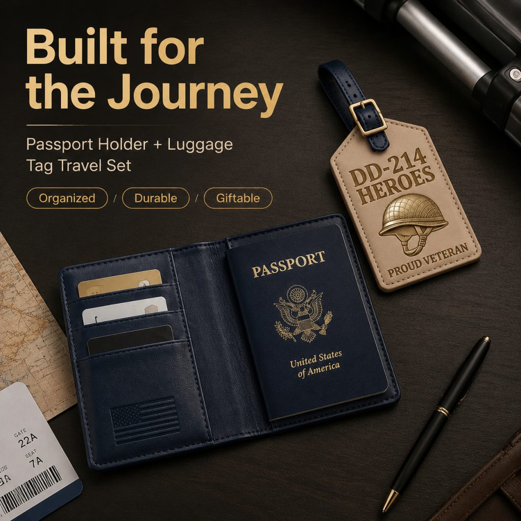 Personalized DD-214 Veterans Custom Leather Passport Cover & Luggage Tag Set