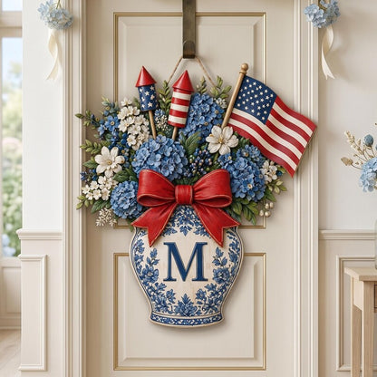 💙 Personalized Patriotic Blue Hydrangea Wooden Door Hanger