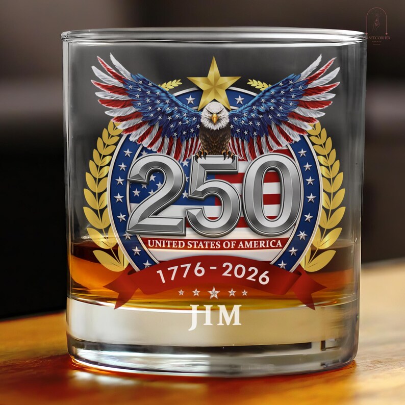 Personalized Whiskey Glass – USA 250 Years Anniversary "American Eagle 1776-2026"