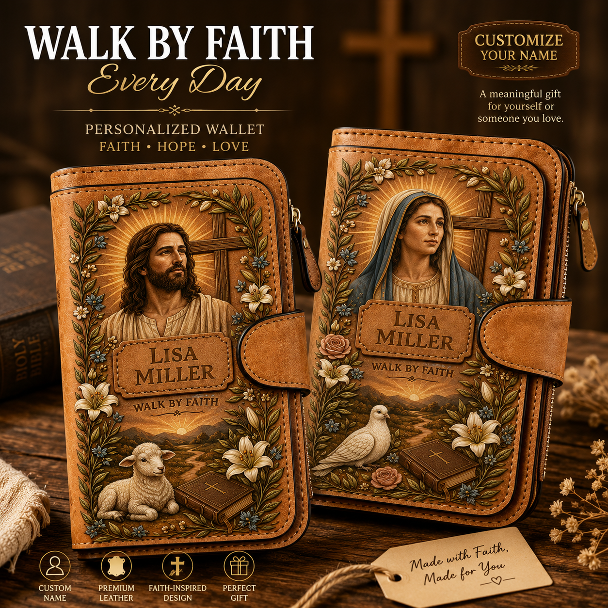 Personalized "Walk By Faith" Vintage Leather Clutch Wallet 🕊️ | Jesus & Mary Editions
