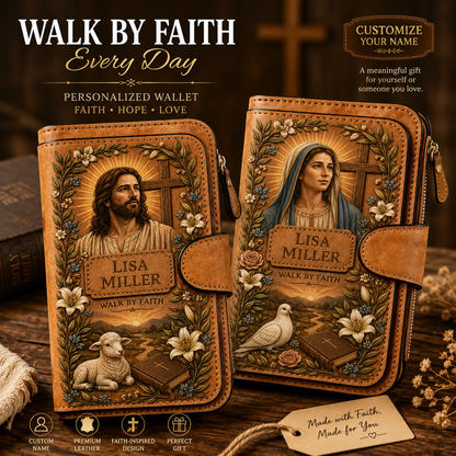Personalized "Walk By Faith" Vintage Leather Clutch Wallet 🕊️ | Jesus & Mary Editions