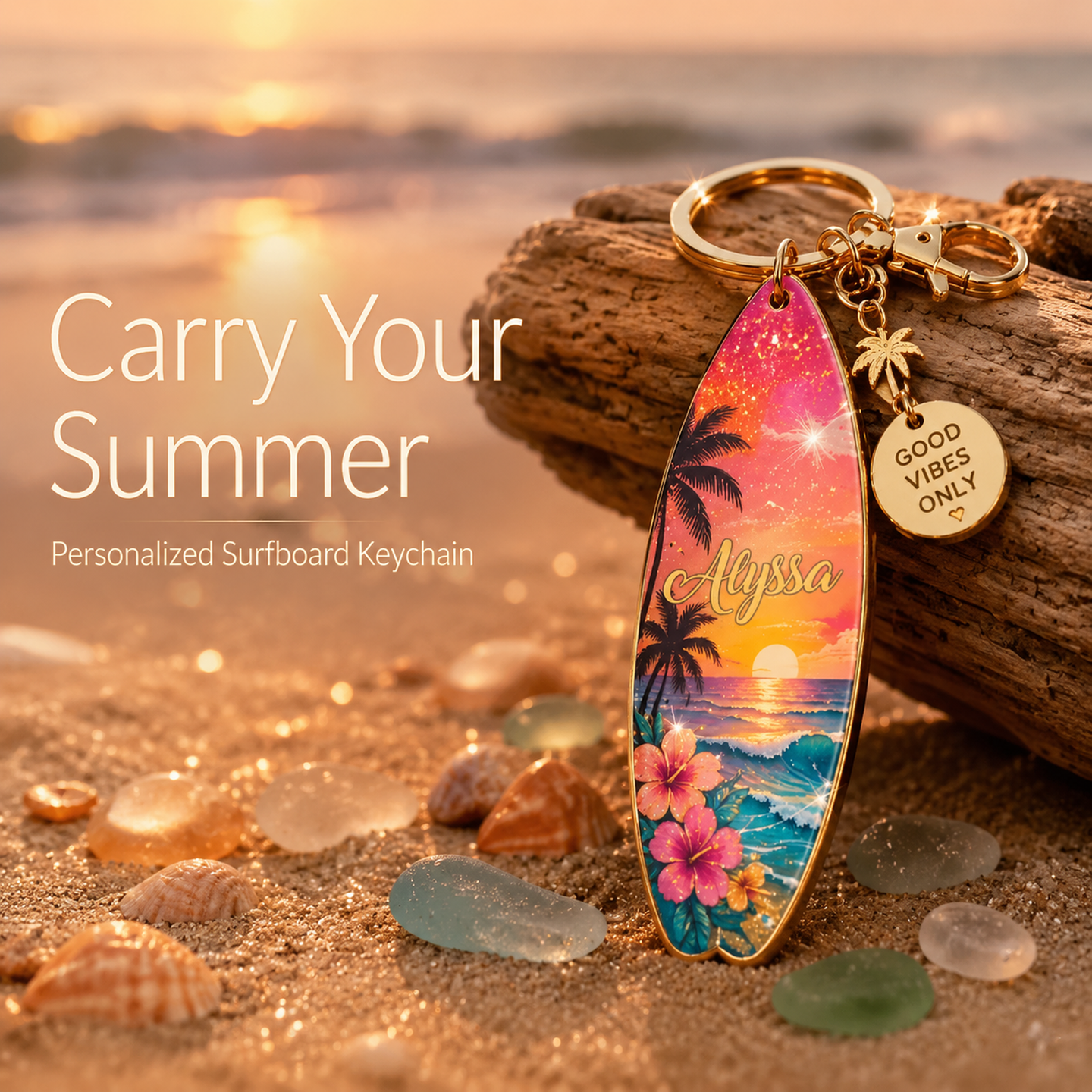 🌅🌴Personalized Tropical Sunset Surfboard Keychain | Custom Name Beach Bag Charm | "Good Vibes Only"