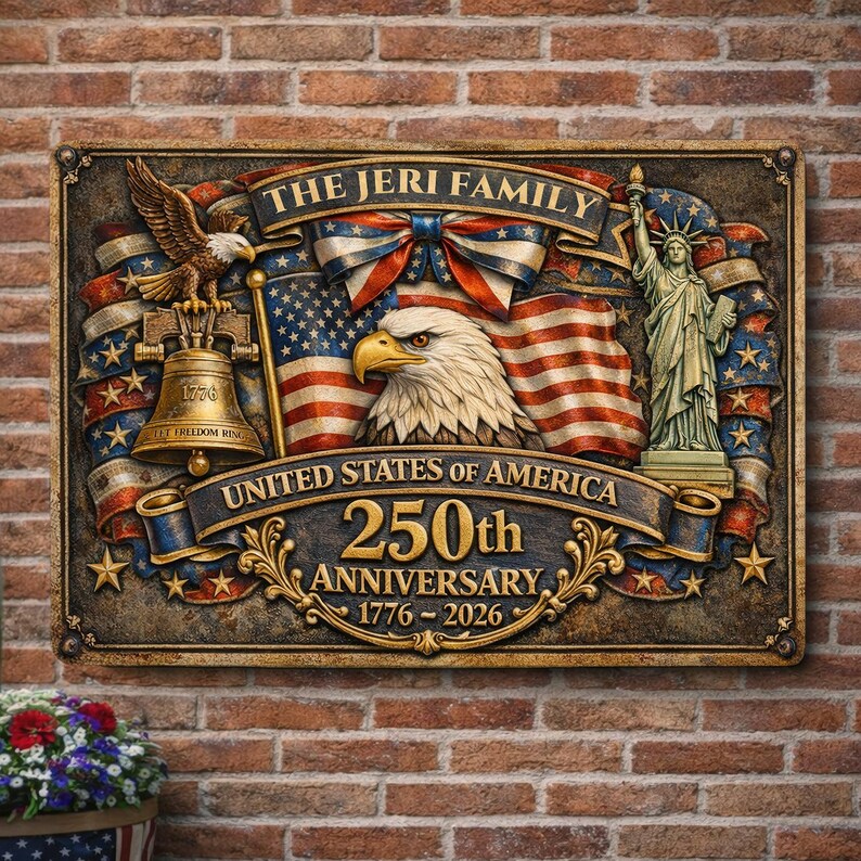 🎖️ Custom Patriotic Family Metal Sign – 250th Anniversary USA Decor