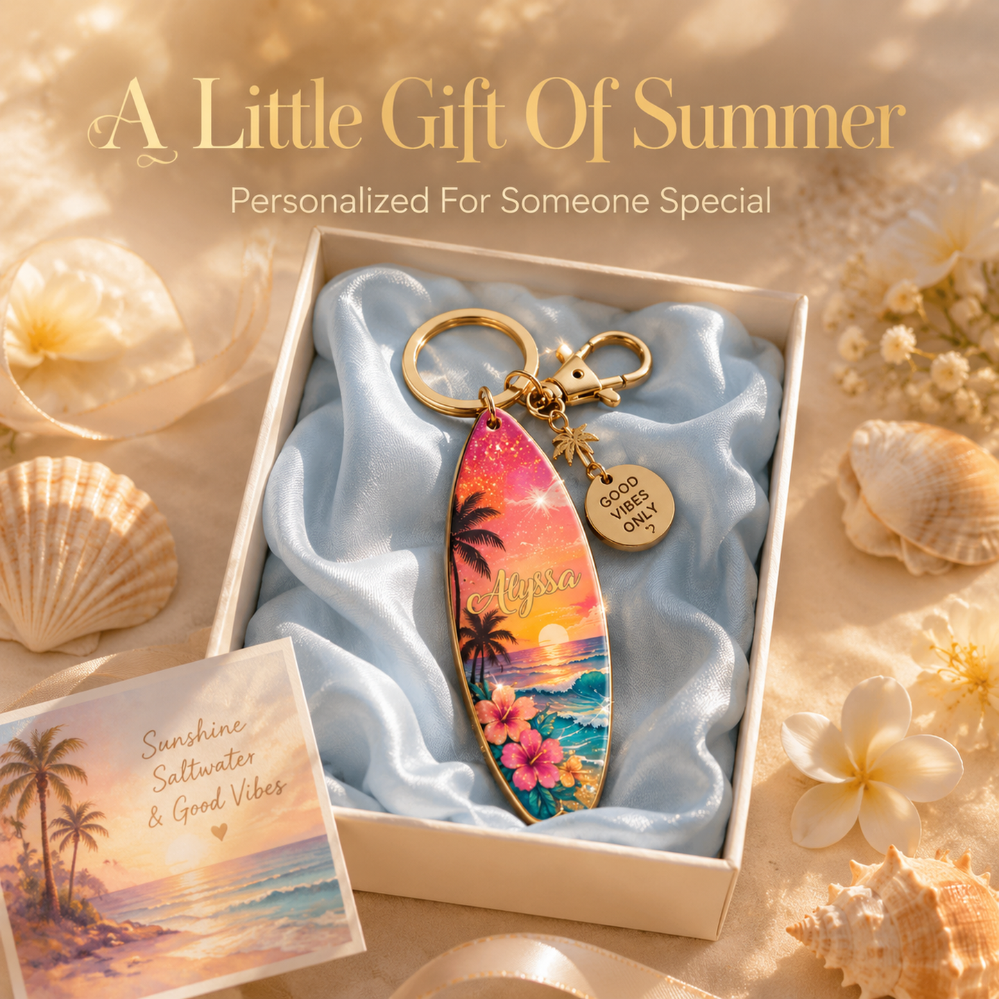 🌅🌴Personalized Tropical Sunset Surfboard Keychain | Custom Name Beach Bag Charm | "Good Vibes Only"