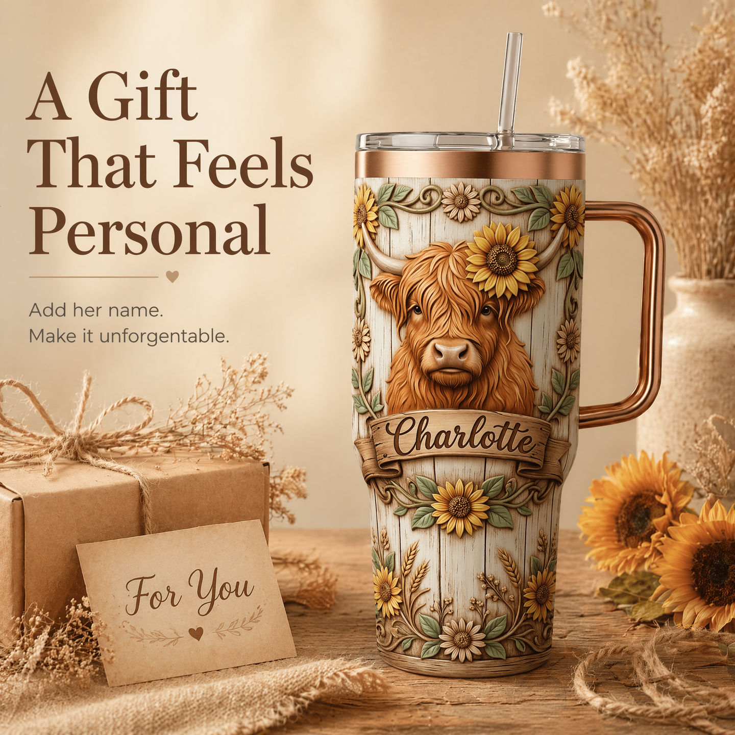 Personalized 30oz/40oz Highland Cow & Sunflower Tumbler | Custom Name Rustic Faux-Wood Engraved Look  🌻🤎
