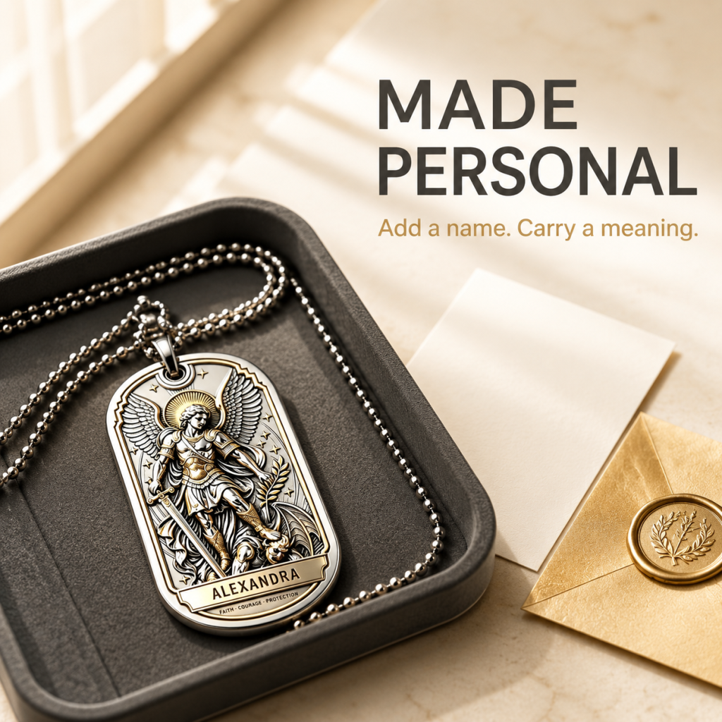 St. Michael Custom Engraved Dog Tag Necklace | Psalm 27:3