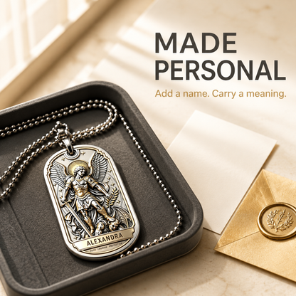 St. Michael Custom Engraved Dog Tag Necklace | Psalm 27:3
