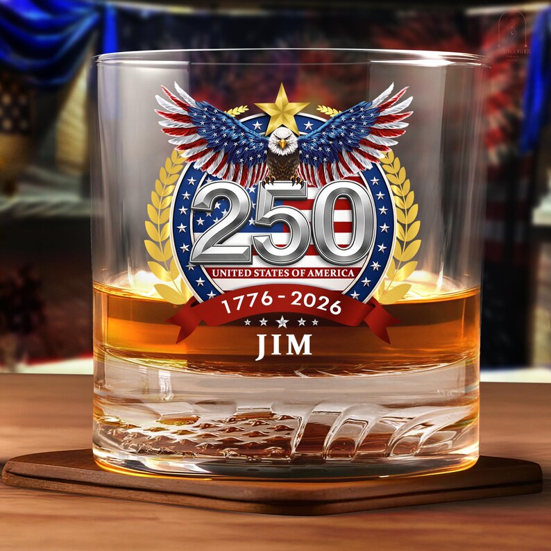 Personalized Whiskey Glass – USA 250 Years Anniversary "American Eagle 1776-2026"