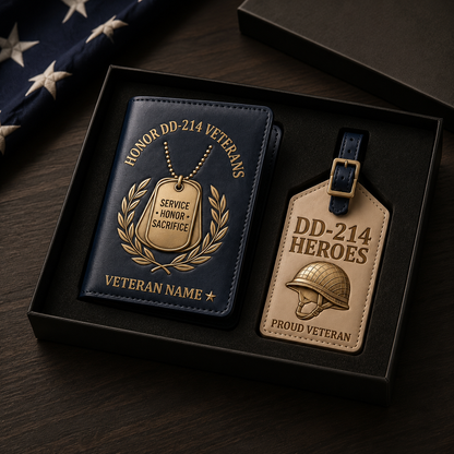Personalized DD-214 Veterans Custom Leather Passport Cover & Luggage Tag Set