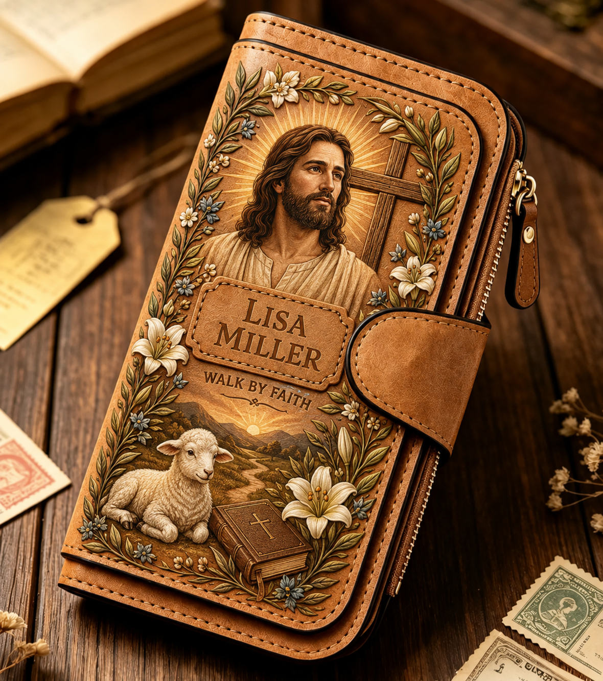 Personalized "Walk By Faith" Vintage Leather Clutch Wallet 🕊️ | Jesus & Mary Editions