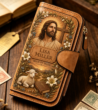 Personalized "Walk By Faith" Vintage Leather Clutch Wallet 🕊️ | Jesus & Mary Editions
