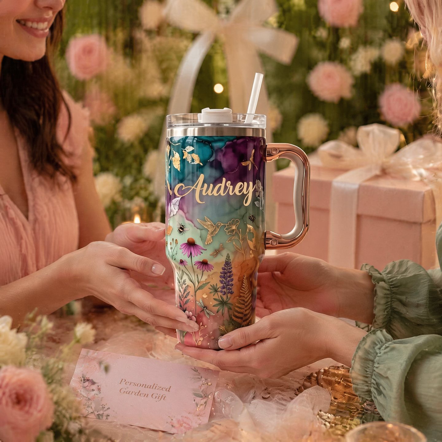 🌸✨Personalized Enchanted Garden Tumbler | Custom Name Gold Botanical & Hummingbird Design with Rose Gold Handle (30 oz/40 oz)