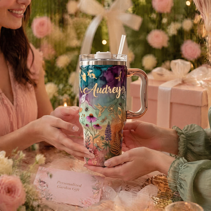 🌸✨Personalized Enchanted Garden Tumbler | Custom Name Gold Botanical & Hummingbird Design with Rose Gold Handle (30 oz/40 oz)