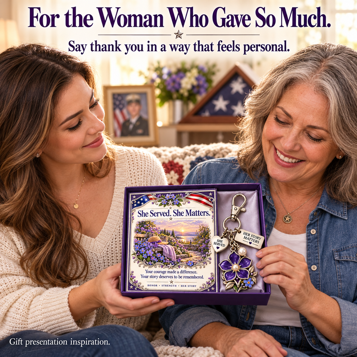 💜 She Served. She Matters. | Purple Forget-Me-Not Keychain & Message Card for Women Veterans