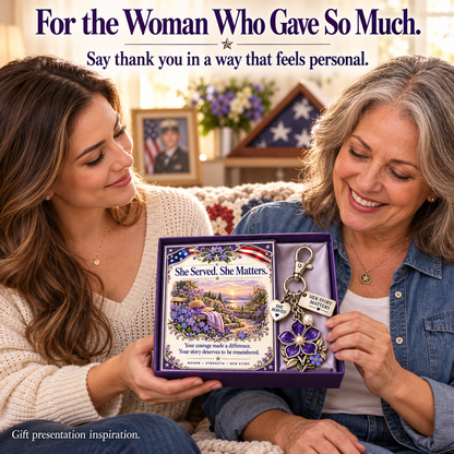 💜 She Served. She Matters. | Purple Forget-Me-Not Keychain & Message Card for Women Veterans