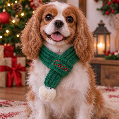 Personalized Embroidered Christmas Pet Scarf with Pom Pom