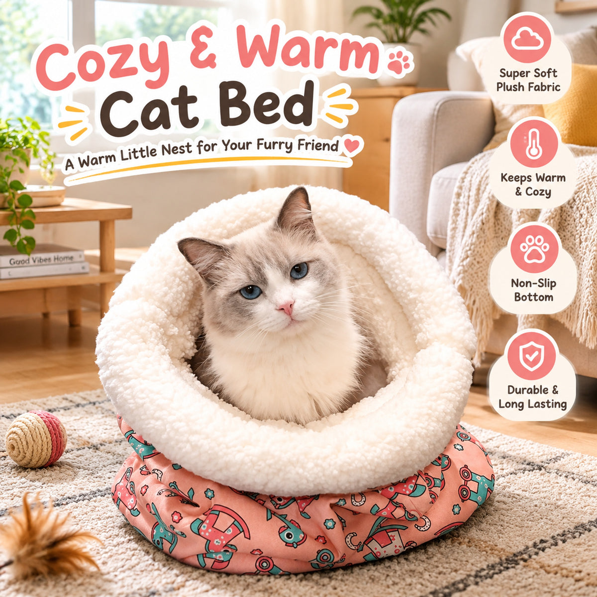 Viral Burrow Cat Sleep Sack | Fluffy Sherpa Cat Cave, Machine Washable, Winter Cozy Hideout for Cats & Tiny Puppies