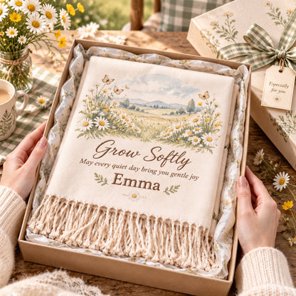 Personalized Name Soft Throw Blanket, Vintage Wildflower Custom Blanket, Customized Gift for Her, Farmhouse Cozy Tassel Blanket, Birthday Sympathy Gift
