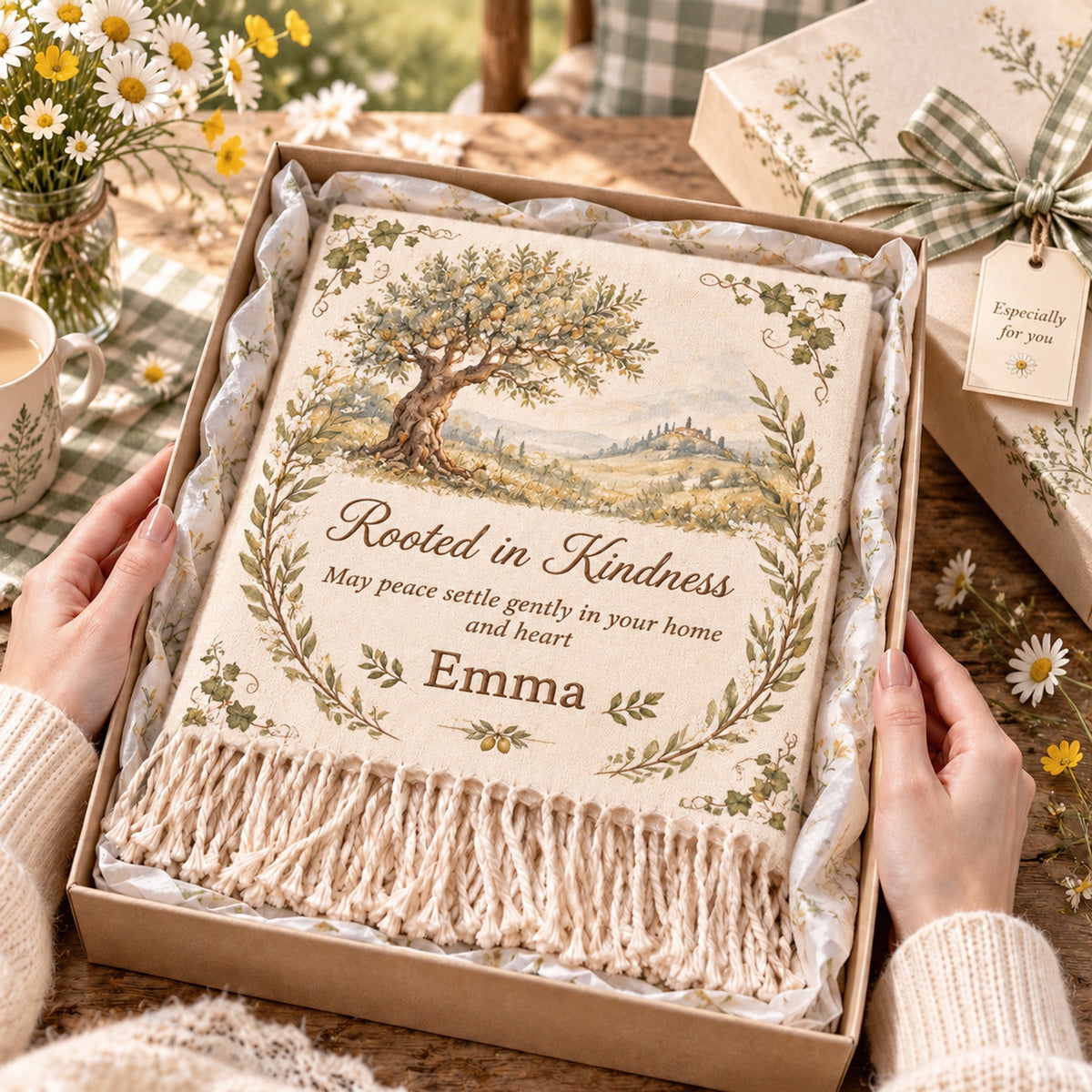 Personalized Name Soft Throw Blanket, Vintage Wildflower Custom Blanket, Customized Gift for Her, Farmhouse Cozy Tassel Blanket, Birthday Sympathy Gift