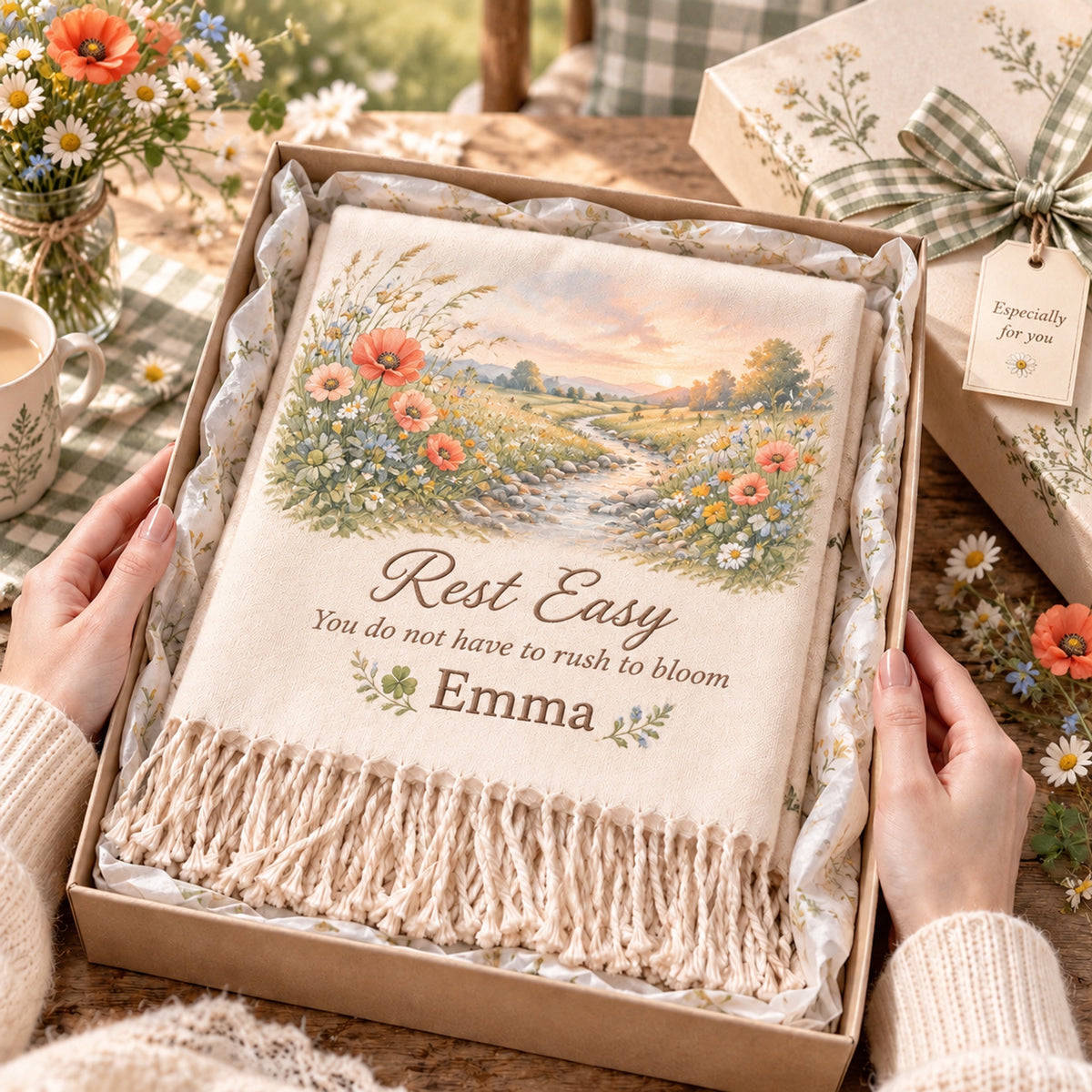 Personalized Name Soft Throw Blanket, Vintage Wildflower Custom Blanket, Customized Gift for Her, Farmhouse Cozy Tassel Blanket, Birthday Sympathy Gift