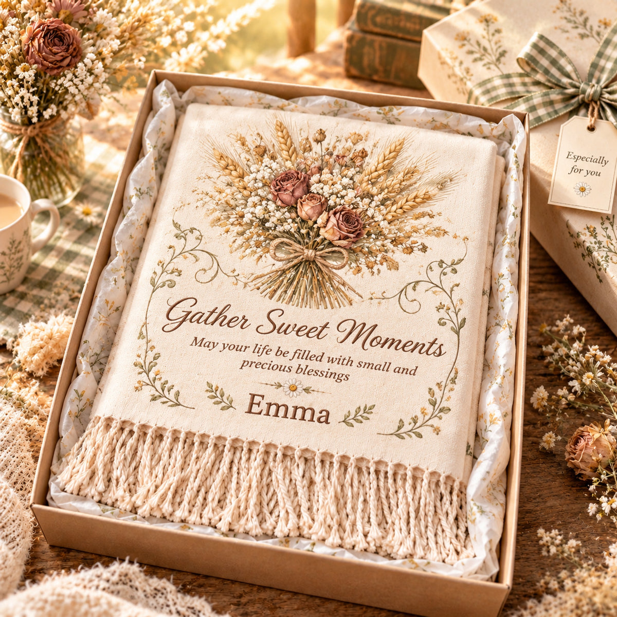 Personalized Name Soft Throw Blanket, Vintage Wildflower Custom Blanket, Customized Gift for Her, Farmhouse Cozy Tassel Blanket, Birthday Sympathy Gift