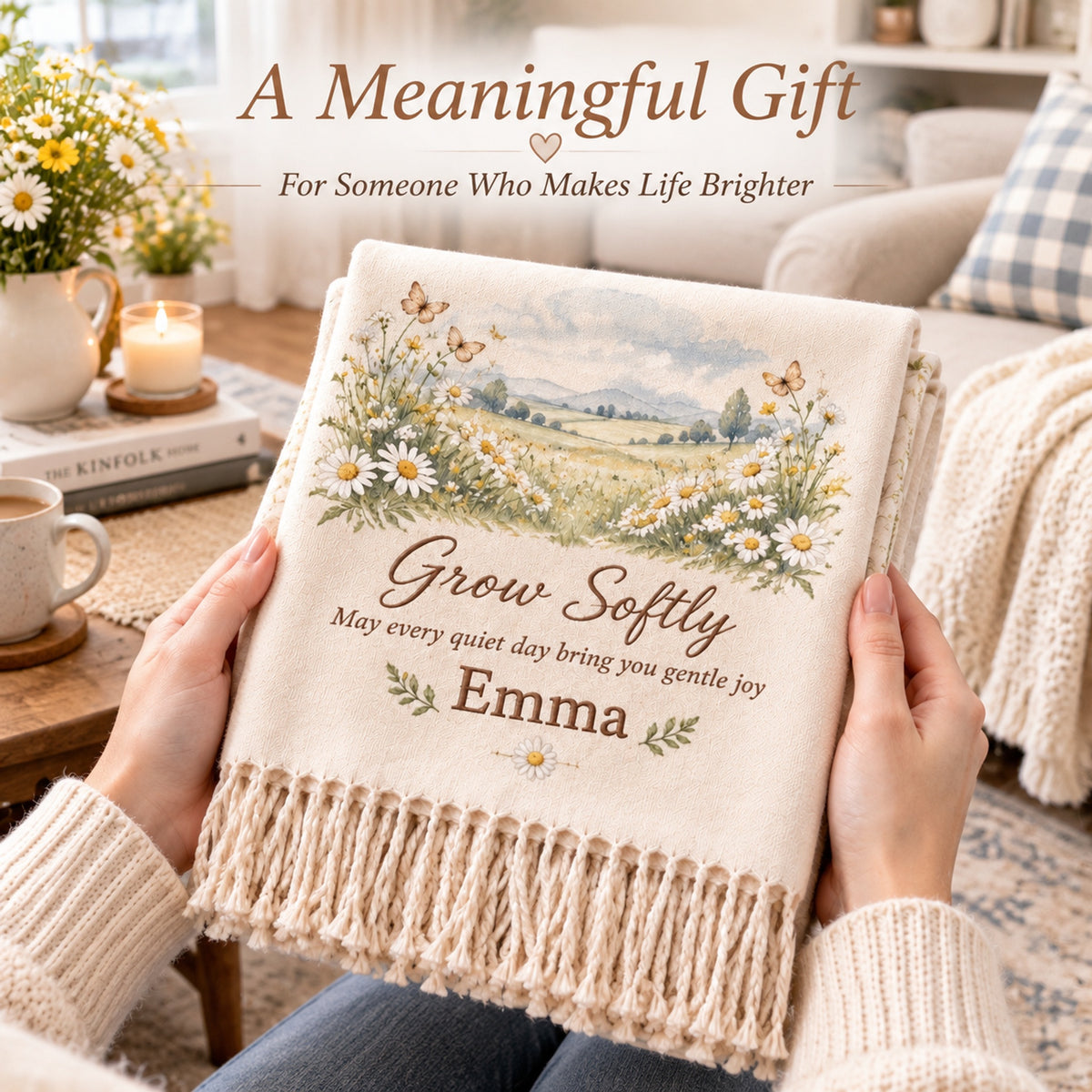 Personalized Name Soft Throw Blanket, Vintage Wildflower Custom Blanket, Customized Gift for Her, Farmhouse Cozy Tassel Blanket, Birthday Sympathy Gift