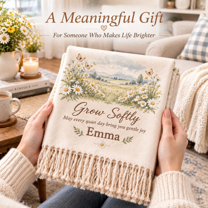 Personalized Name Soft Throw Blanket, Vintage Wildflower Custom Blanket, Customized Gift for Her, Farmhouse Cozy Tassel Blanket, Birthday Sympathy Gift