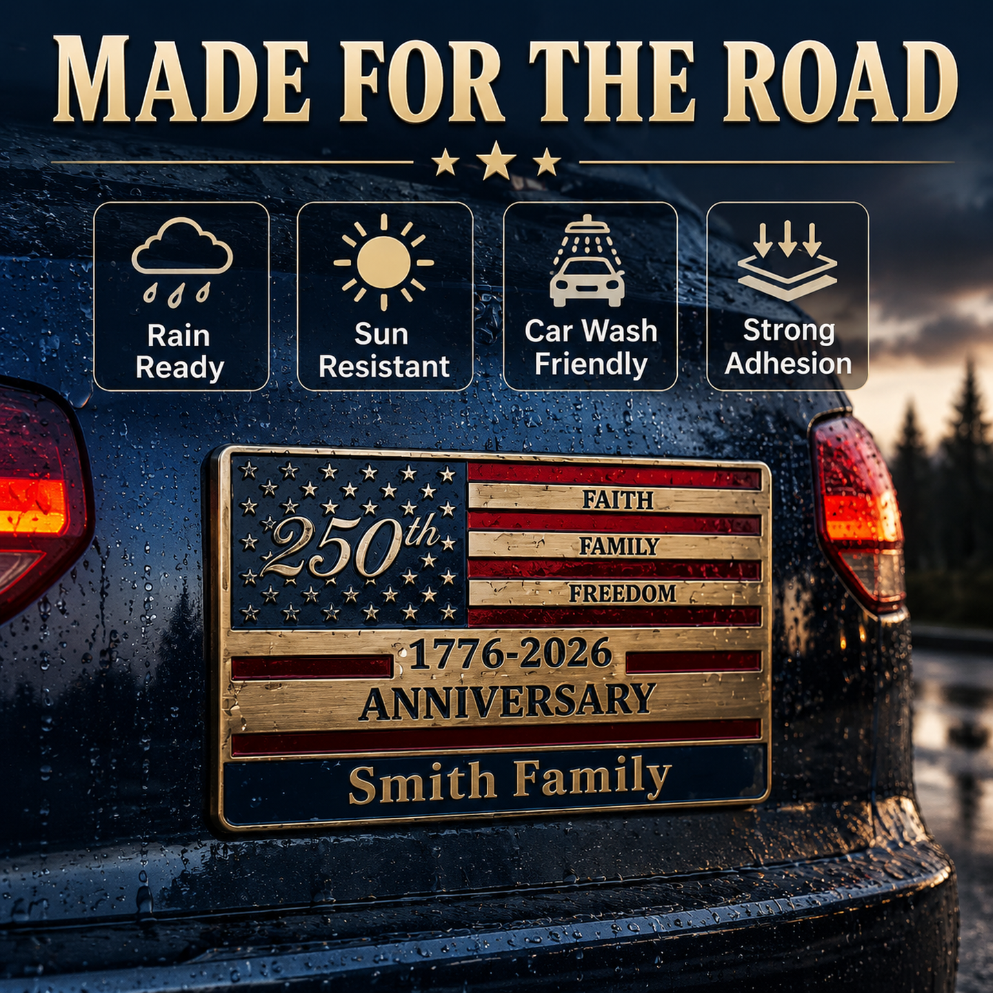 Personalized America 250th Anniversary Car Emblem | Custom Family Name "Faith, Family, Freedom" Patriotic Vehicle Badge (1776-2026)