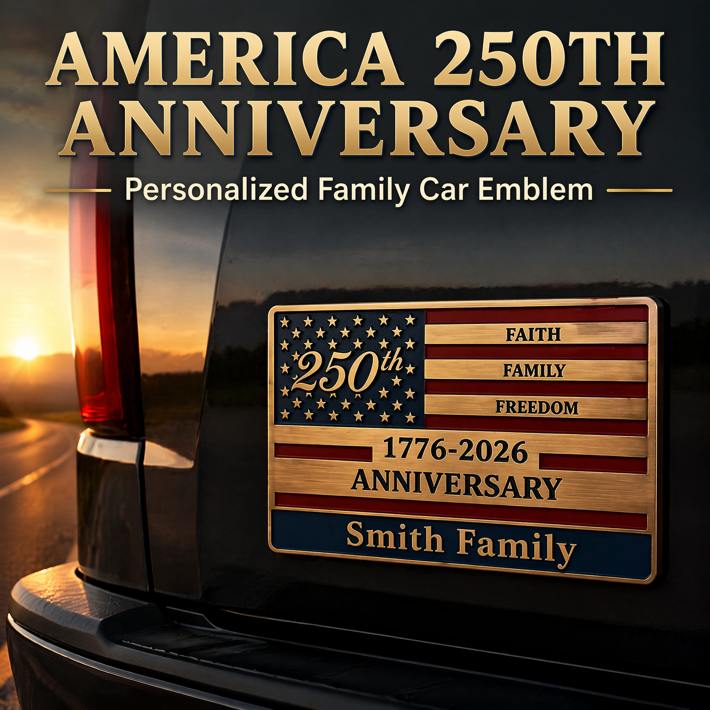 Personalized America 250th Anniversary Car Emblem | Custom Family Name "Faith, Family, Freedom" Patriotic Vehicle Badge (1776-2026)