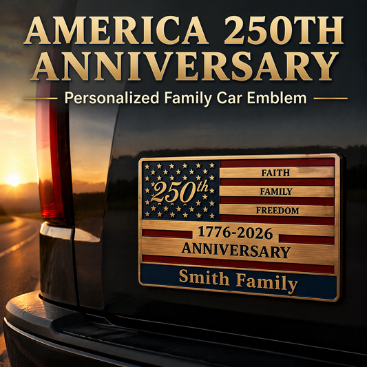 Personalized America 250th Anniversary Car Emblem | Custom Family Name "Faith, Family, Freedom" Patriotic Vehicle Badge (1776-2026)