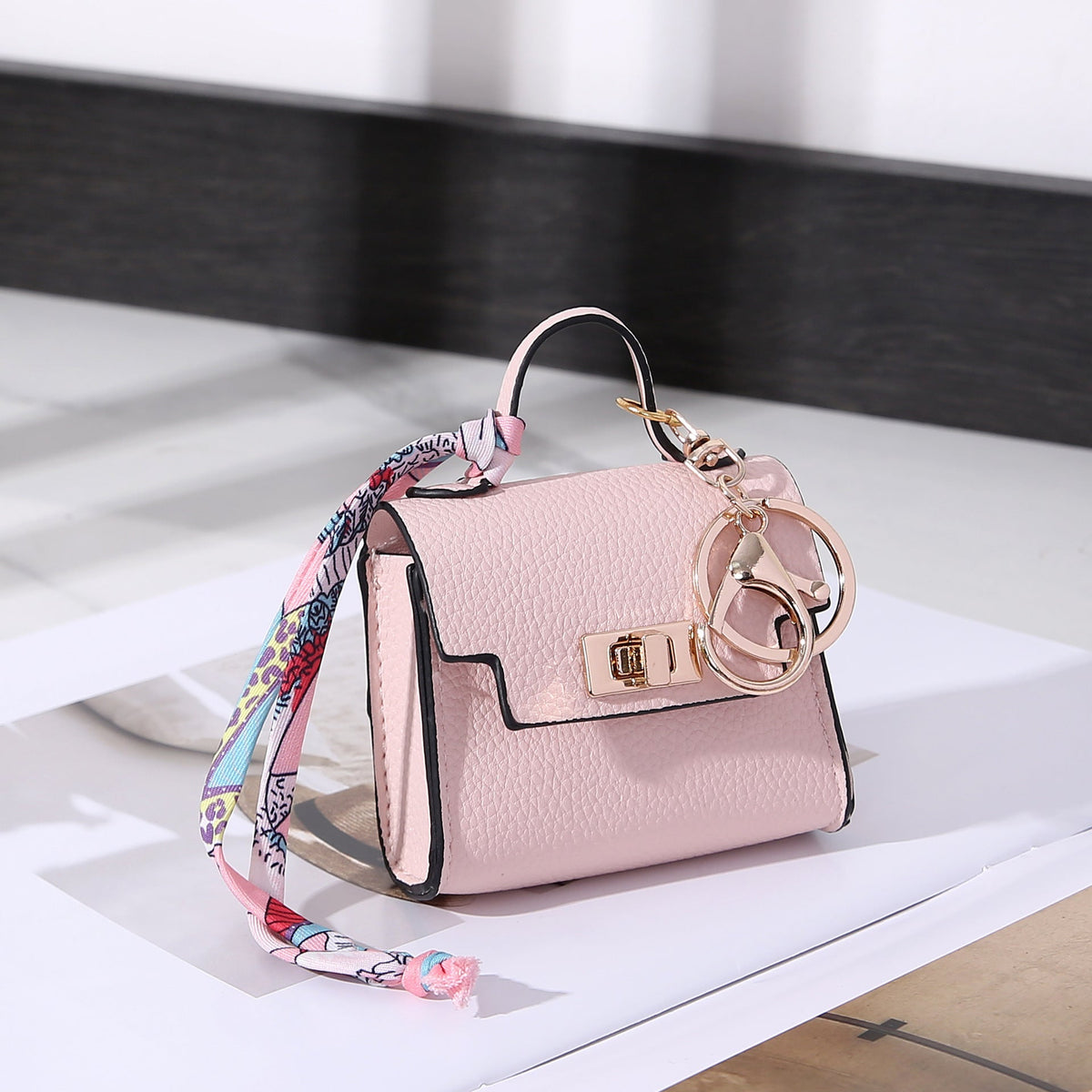Vintage Twist Lock Mini Leather Bag Charm, Luxury Airpod Pouch Coin Purse with Silk Scarf Ribbon, Designer Tiny Keychain Wallet for Handbag