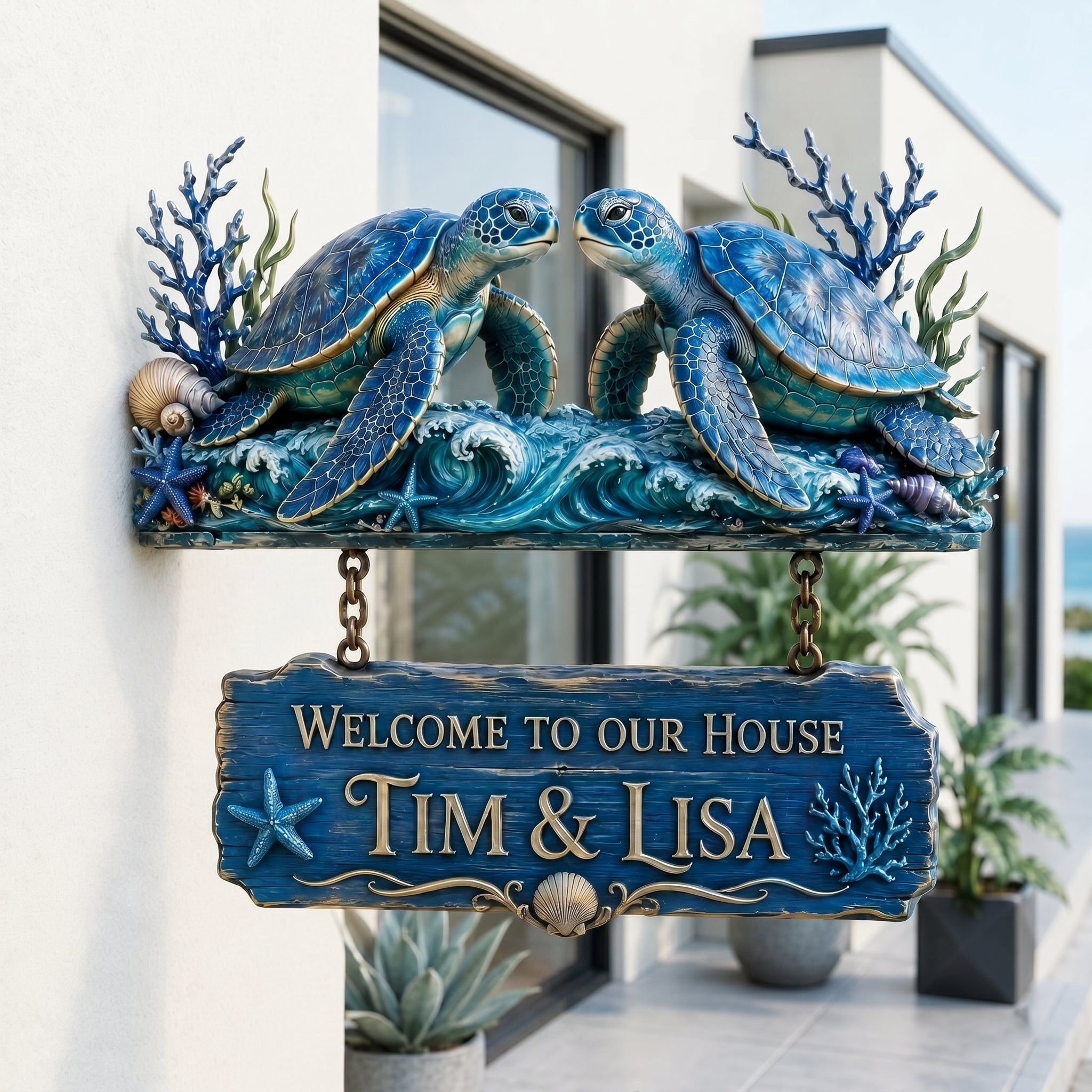 🐢 Personalized Nautical Sea Turtle Welcome Sign – Coastal Wall Decor for Home