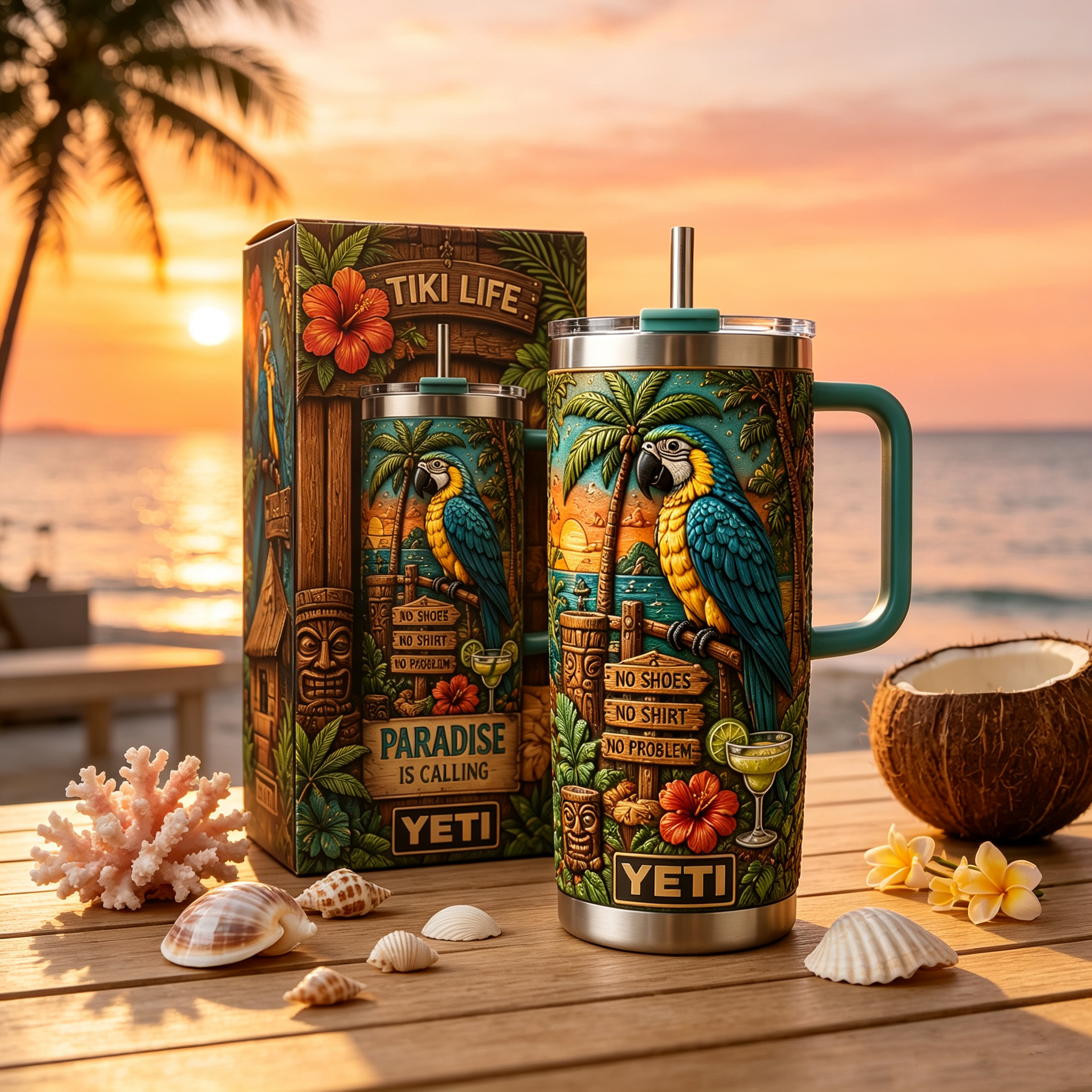 🏖️Personalized Tiki Life Tropical Parrot Beach 40oz Handle Tumbler🌴🌊