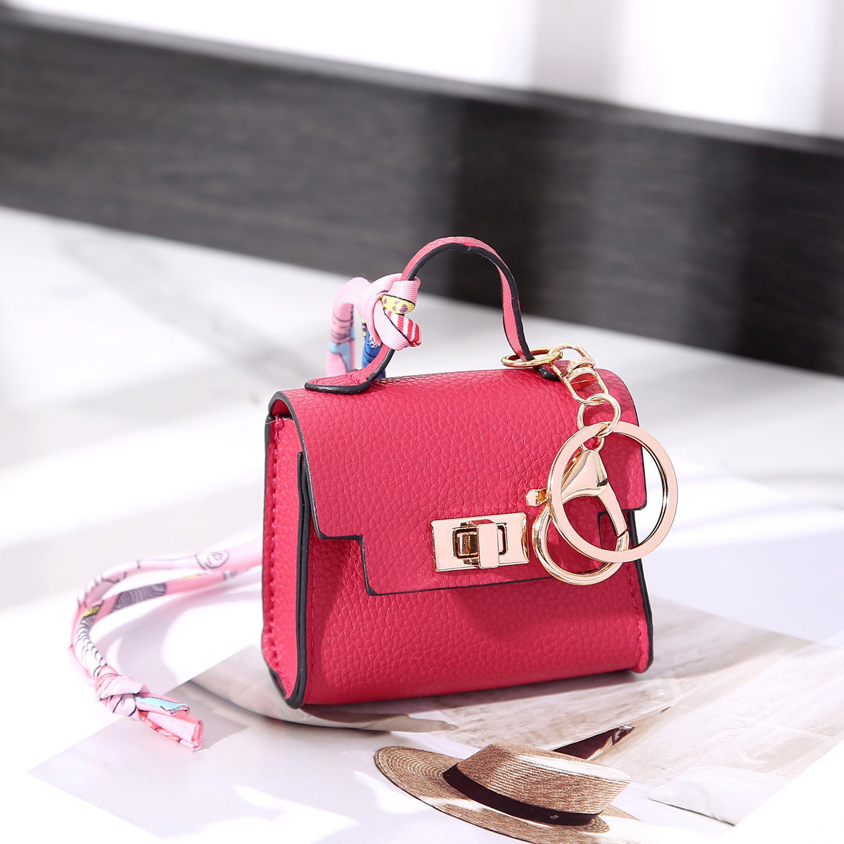 Vintage Twist Lock Mini Leather Bag Charm, Luxury Airpod Pouch Coin Purse with Silk Scarf Ribbon, Designer Tiny Keychain Wallet for Handbag
