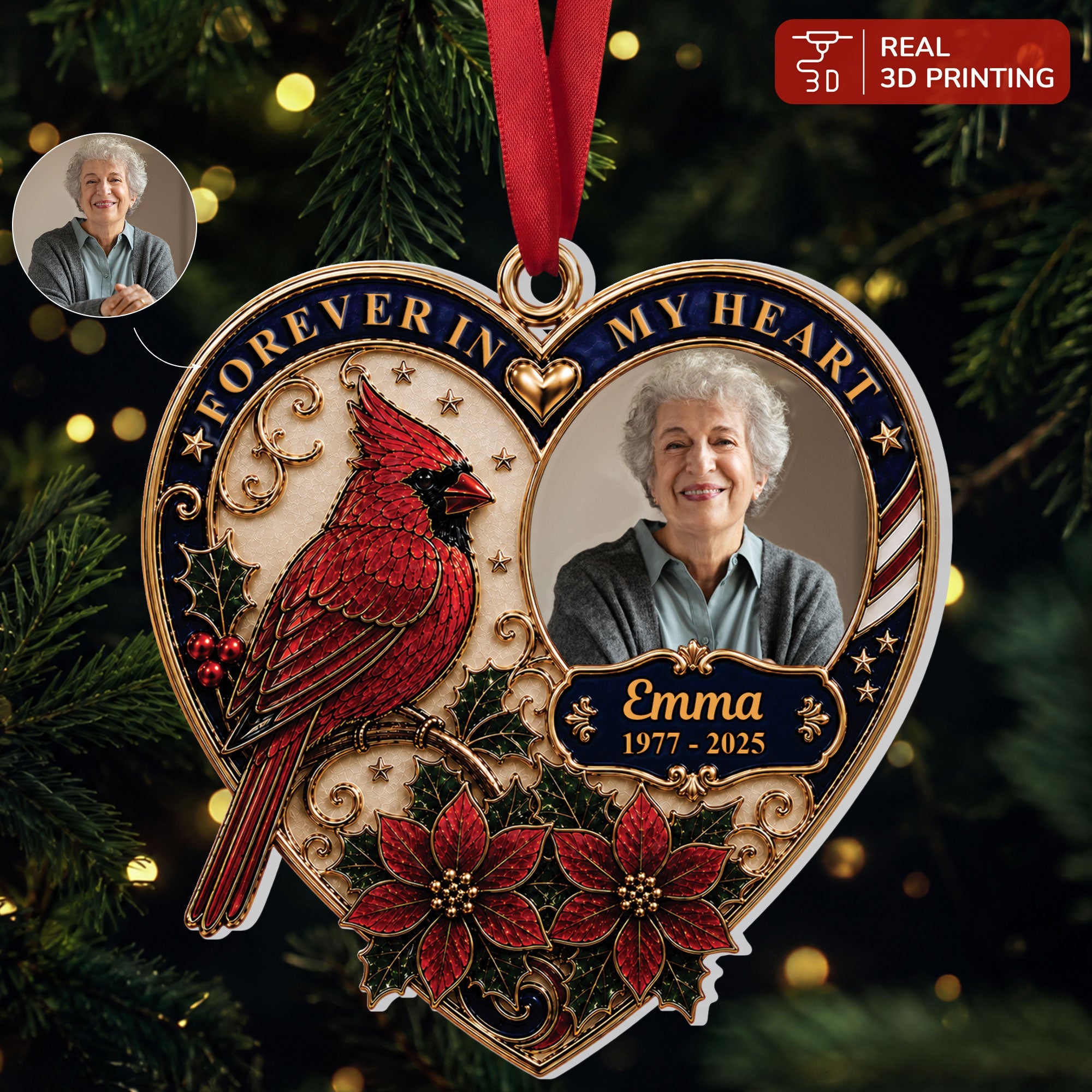 🕊️ Personalized "Forever In My Heart" Cardinal Memorial Ornament | Custom Photo, Name &Dates ❤️