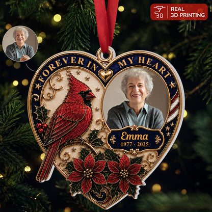 🕊️ Personalized "Forever In My Heart" Cardinal Memorial Ornament | Custom Photo, Name &Dates ❤️