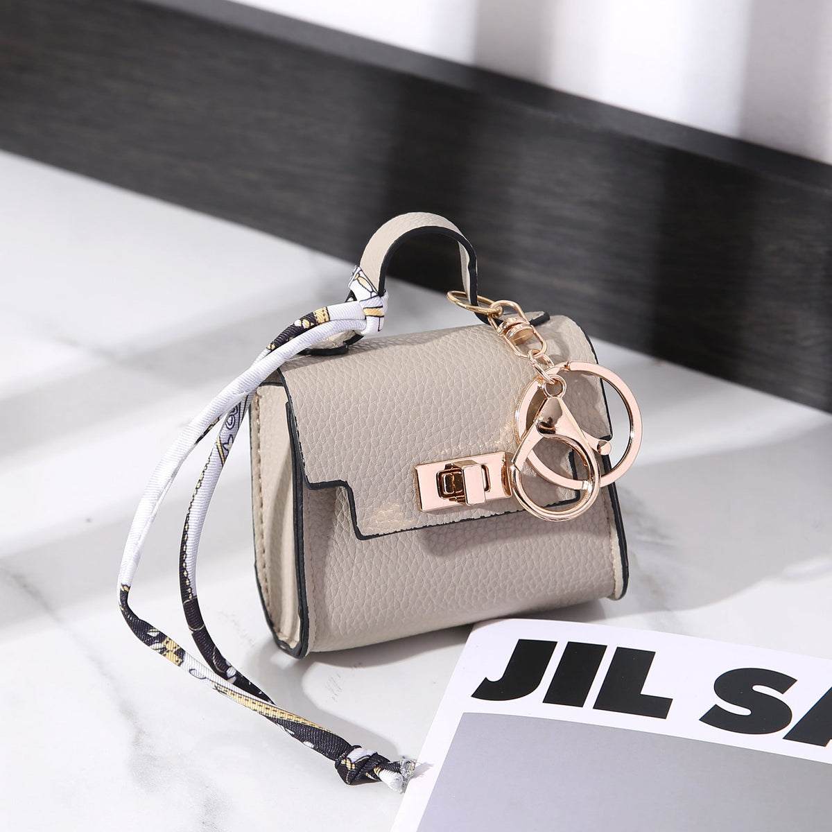 Vintage Twist Lock Mini Leather Bag Charm, Luxury Airpod Pouch Coin Purse with Silk Scarf Ribbon, Designer Tiny Keychain Wallet for Handbag