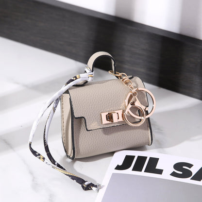 Vintage Twist Lock Mini Leather Bag Charm, Luxury Airpod Pouch Coin Purse with Silk Scarf Ribbon, Designer Tiny Keychain Wallet for Handbag