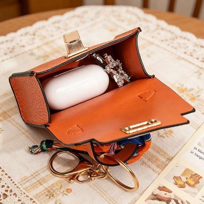 Vintage Twist Lock Mini Leather Bag Charm, Luxury Airpod Pouch Coin Purse with Silk Scarf Ribbon, Designer Tiny Keychain Wallet for Handbag