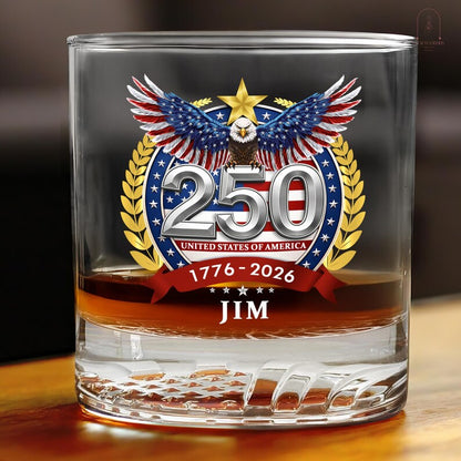 Personalized Whiskey Glass – USA 250 Years Anniversary "American Eagle 1776-2026"