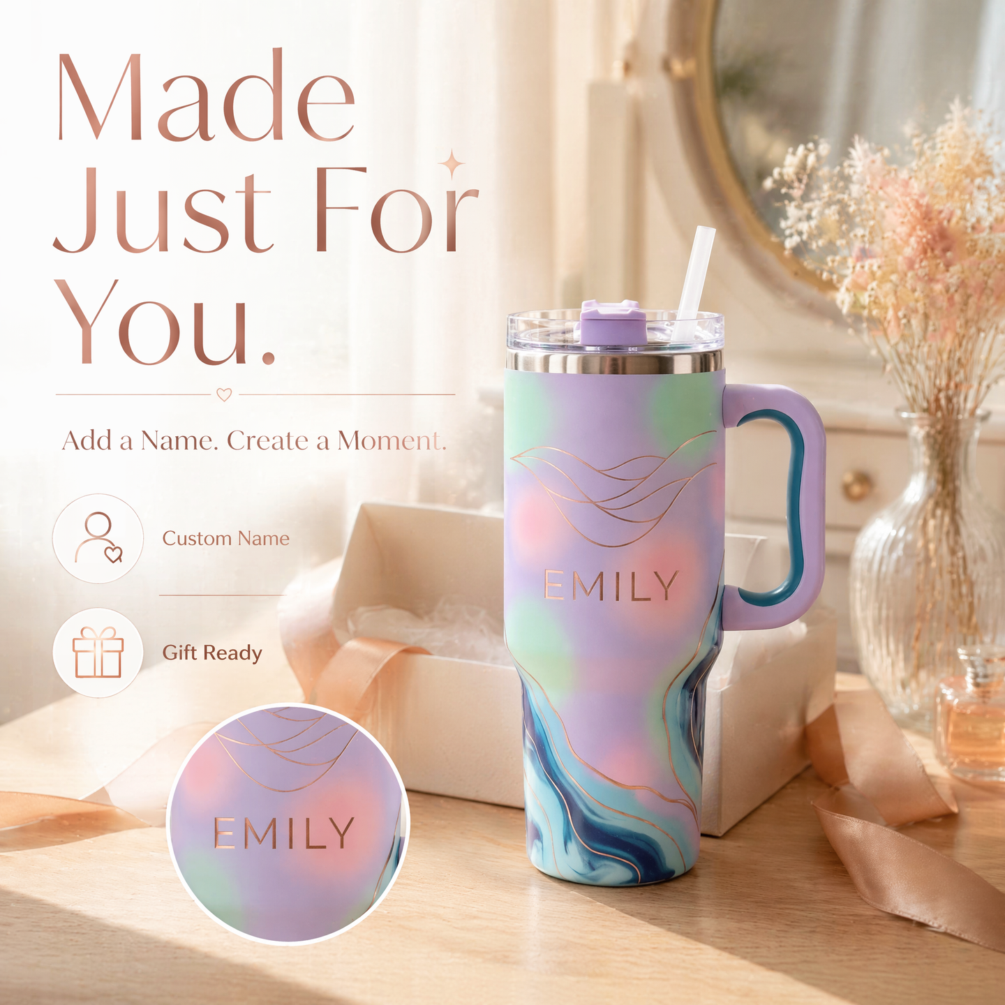 Personalized 30oz/40oz Pastel Dream Tumbler | Custom Name Ethereal Gradient Rose Gold Line Art | Insulated Travel Mug
