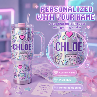 👾✨Personalized Y2K Cyber Aesthetic Tumbler | Custom Pixel Name Holographic Gamer Cup with Glitter Handle (30 oz/ 40 oz)