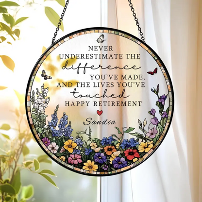 ✨ Personalized "Happy Retirement" Floral Suncatcher | Custom Name Window Hanging Keepsake 🦋