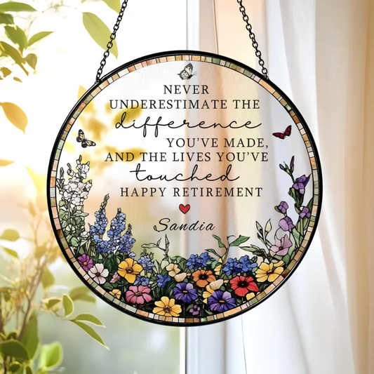 ✨ Personalized "Happy Retirement" Floral Suncatcher | Custom Name Window Hanging Keepsake 🦋