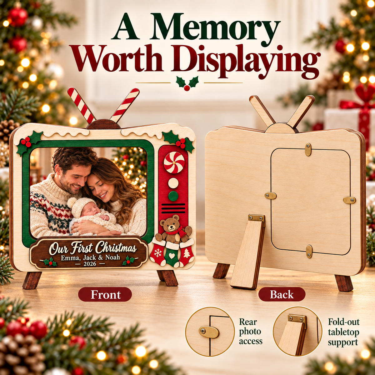 📺 Personalized Retro TV Christmas Photo Frame | Custom Names, Year & Milestone Wooden Keepsake 🎄